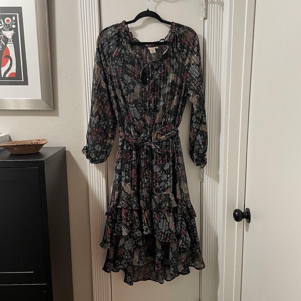 Boho Floral Dress M Tiered Feminine Flowy Fairycore Whimsygoth Sheer Sleeve